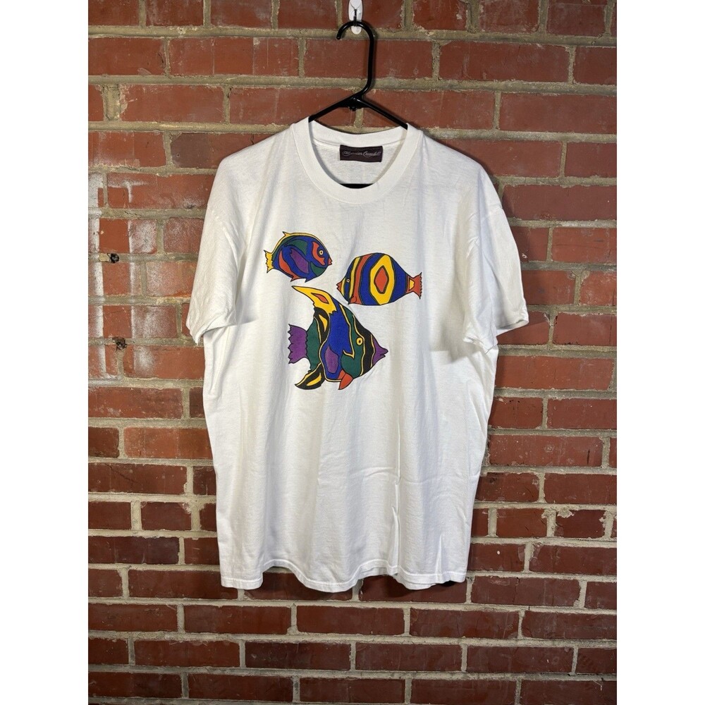 Vintage 90s Alexander Campbell Shirt White Colorful Fish Art Graphic Adult XL